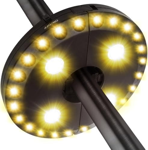 LATME Patio Umbrella Light Rechargeable Umbrella Lights– 10-25 Hours Runtime,Umbrella Pole Light 3 Lighting Modes Cordless,Patio Pool Accessories and Backyard Decor (Warm Yellow)