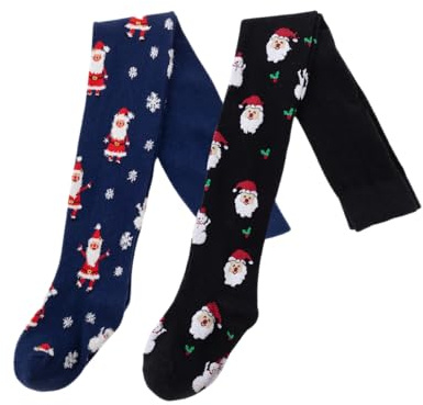Silkglory Collant Ragazze,2 Pezzi Collant per Neonati con Buon Natale e Decorazioni a Fiocco di Neve, Xmas Leggings Calze Senza Cuciture Collant in Cotone per Neonato Blu Nero 4-6 Anni