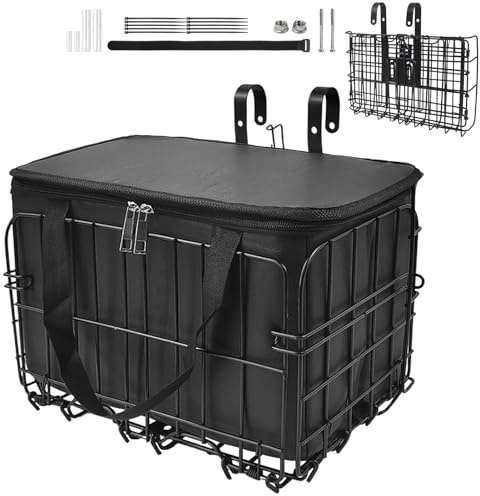 Bike Basket Front, Folding Bicycle Basket with Removable Liner Bag, Large Quick Release Design Bicycle Frame Basket Removable Front Bag/Rear Hanging Cargo Rack, Carrying Pets, Fruit & Grocery