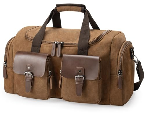 Virklyee Bolsa de Viaje de Cuero Lona para Fines Bolsa de Deporte Hombre de diseño Retro Vintage 35L Bolsillo múltiple,Adecuado para Negocio,Actividades al Aire Libre, Camping (Marrón)