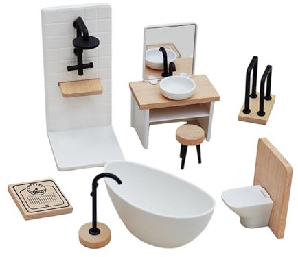 1/12 Puppenhaus Möbel Holz Badezimmer Set, Miniatur Möbel, Puppenhaus-Zubehör für Kinder ab 3 Jahren