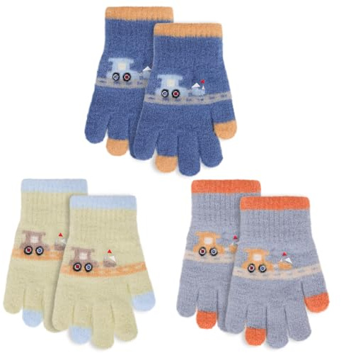 QKURT 3 par magiska handskar för barn, unisex stretchhandskar barn varm stickad handske vinter termisk handske elastiska hela fingrar vantar kallt väder grävmaskin mönster för pojkar flickor 4-12 år