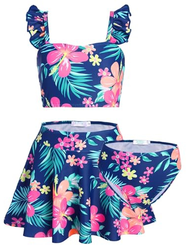 Arshiner 3-delat bikiniset för flickor, sjöjungfru, volang, tankini med kjol, baddräkt, för barn från 5 till 12 år, Färg 3, 8-9 �r