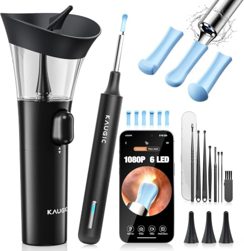 KAUGIC Manual Ear Wax Removal Kit with Ear Camera Combo for Adults | One-Hand Manual Ear Cleaner, Visual 1080P Otoscope, 6 LED Light, 6 Ear Spoons, Home Use, Safe Silicone Tips