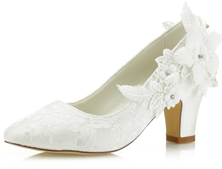 JIAJIA 62311 aux Femmes Chaussures de mariée Bout fermé 7cm Talon épais Dentelle satinée des Pompes Chaussures de Mariage Couleur Ivoire, Taille 42 EU