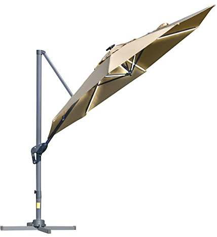Outsunny Parasol déporté octogonal parasol LED solaire inclinable pivotant manivelle piètement aluminium dim. Ø 3 x 2,55H m beige