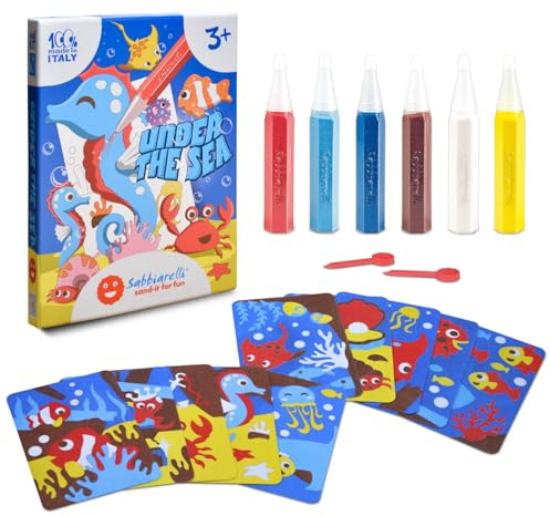 Sabbiarelli Sand-it For Fun – Kit Under the Sea 3+ | Kit di Sand Art a Tema Animali Marini 100% Made in Italy con Sabbia Colorata, Disegni Adesivi e Accessori | Lavoretti Creativi Bambino 3-7 anni