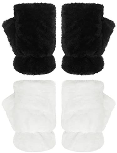2 Paires Gants en Fourrure Mitaines sans Doigts Gants Chauffe-Bras