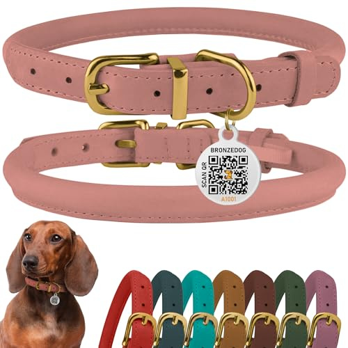 BronzeDog Collare per cani in pelle arrotolata, design rotondo in morbida pelle cerata, previene grovigli e opacizzazioni, con targhetta QR ID per cani di taglia piccola, media e grande (dimensioni