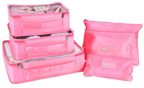 Vinsani Reseorganiserare packväskor uppsättning med 6 packkuber högtid resor nödvändigheter resväska bagage förvaringsväskor multianvändning kläder toalettartiklar handbagage kompressionsväskor – rosa