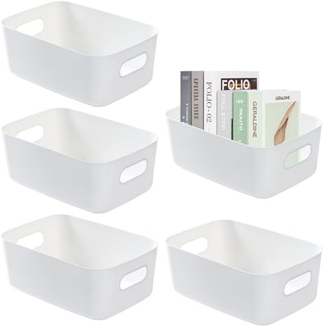 Zfseyuh 5 Piezas Caja de Almacenamiento Cesta de Almacenamiento de Plástico Contenedor de Almacenamiento para Armario con Mango Apilable Reutilizable para Cocina, Baño