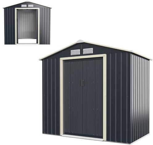 HOMASIS Casetta da Giardino in Metallo, Casetta Porta Attrezzi da Giardino con 2 Finestre di Ventilazione e 2 Porte Scorrevoli, Capanno da Giardino con Tetto a Falde, Grigio, 213 x 127 x 195cm