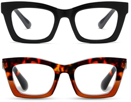 Viseng 2 piezas de marco cuadrado gafas de lectura para mujeres gafas de lectura de gran tamaño anti luz azul retro de moda, con bisagras de resorte 1.5