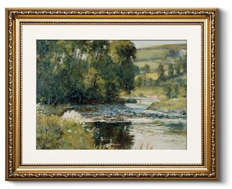 HUARCEY Vintage Gold Framed Wall Art, Nature Streamside Retro Paintings, Canvas Prints Artwork with Antique Frame, Victorian Wall Pictures Decor for Living Room Gallery Room 13x16 inch