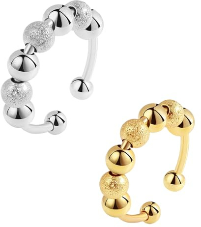 MAEXUS 2-Pack Anti-Stress Ring With Rotating Beads - Adjustable Fidget Spinner for Anxiety Relief and Relaxation - Unisex Jewelry in Gold