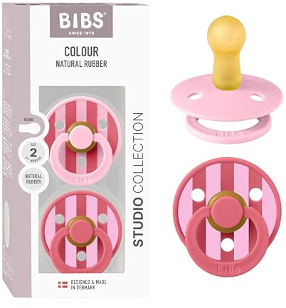 BIBS Pacifiers - Colour Studio 2 Pack | Round Nipple Baby Pacifier | BPA Free Natural Rubber Latex Soother | Made in Denmark | Size 6+ Months | Block Baby Pink Coral
