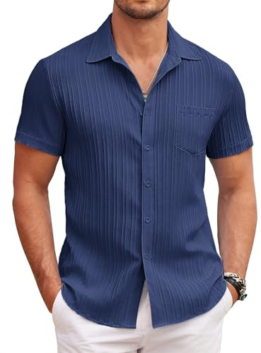 COOFANDY Mens Summer Shirt Short Sleeve Casual Textured Shirts Beach Regular Fit Solid Color Top with Pocket Navy Blue L