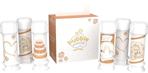 Bubble World - Wedding Terra - Bolle di Sapone Matrimonio 6 x 60 ml - Tubetti Bianchi con Soffiatore Integrato - Gadget Bomboniera Segnaposto Matrimonio - Made in Italy