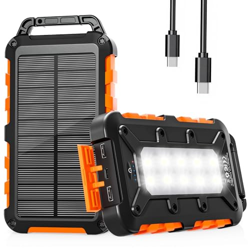 WOWMVP Solar Powerbank 26800mAh, PD15W Tragbare Solar Ladegerät USB C Externer Akku Outdoor Wasserdichtes mit LED-Licht und 3 Ausgängen für Smartphones Tablets Camping (Orange)