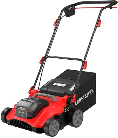 CRAFTSMAN 2 X V20 Cordless Brushless RP Lawn Dethatcher and Scarifier, 14 in Deck, Includes 2 x 5 Ah Battery and Chargers, Up to 45 Min of Runtime, 50L Removable Collection Bag (CMCOE210P2)