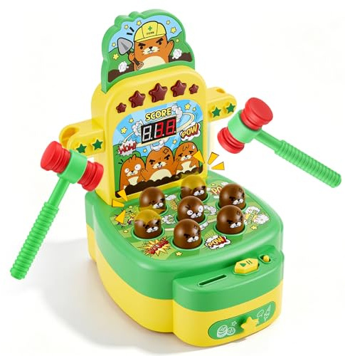 Juego de golpear topos niños Juguete musical interactivo con 2 martillos para desarrollar la motricidad fina Juguete educativo con luces y efectos de sonido, juego arcade con pantalla LCD, verde