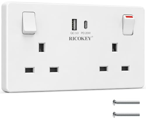 Double Socket with USB C, 2 Gang Wall Socket, Fast Charge PD20W QC3.0 | Screwless 13A UK Plug Socket with USB C and USB A Charging Ports, White Twin Electrical Outlet for Home or Office