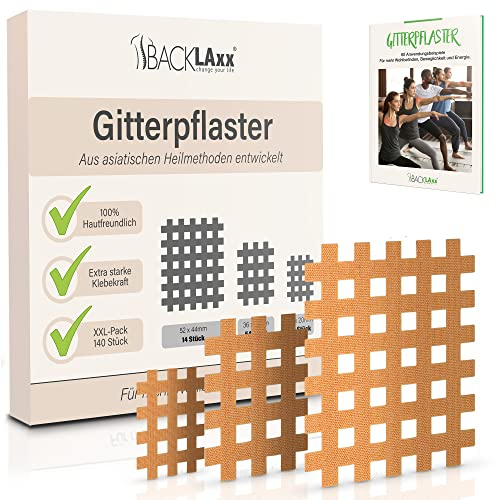 BACKLAXX ® Gittertape 140 Stück Premium-Qualität – Gitterpflaster Set in 3 Größen Typ a b c – GRATIS umfangreiches eBook mit 60 Anwendungsbeispielen – Akupunkturpflaster Cross Tape Gitterpflaster