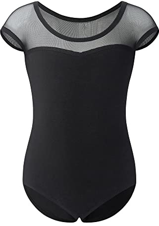 Stelle Black Leotards for Girls Ballet Dance Leotard Mesh Short Sleeve Gymnastics Outfits(Black,90)