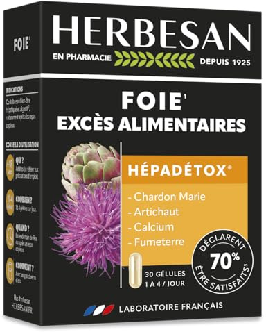 HERBESAN®- HÉPADETOX - Bien-être du foie, Excès alimentaire- Titré en sylimarine : 42 mg - Complexe de 3 plantes, Calcium et Chlorure de Choline - 30 gélules