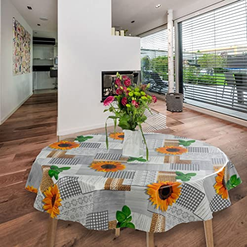 laro Wachstuch-Tischdecke Abwaschbar Garten-Tischdecke Wachstischdecke PVC Plastik-Tischdecken Eckig Meterware Wasserabweisend Abwischbar GAC, Muster:Sonnenblumen Gelb Grau, Größe:140cm Rund