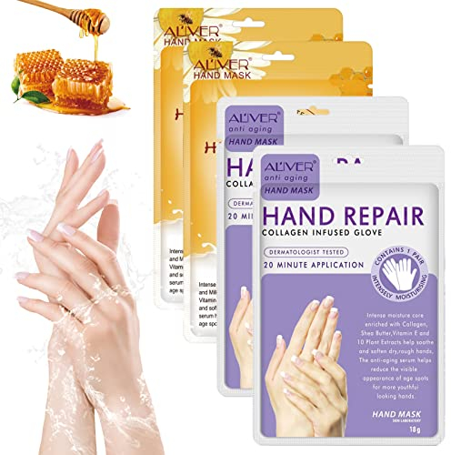 Handmaske 4 Paar Handpflege Handschuhe Feuchtigkeitsspendende mit Honig & Milch Handpflege Lavendel für Trockene Alternde Rissige Hände für Frauen und Männer