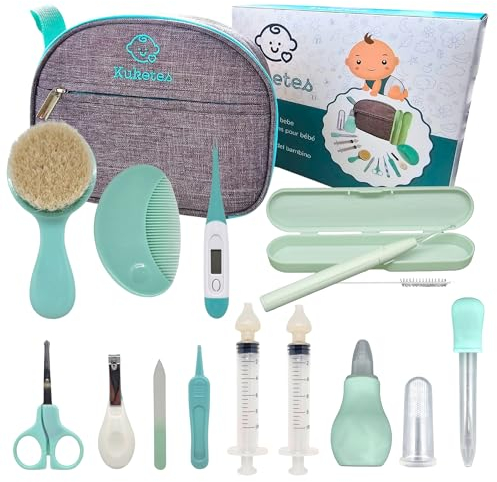 Kuketes – Babypflegeset 13 teiliges. BabyPflegeset Neugeborene. Baby Erstausstattung. Thermometer, Baby Nagelscheren, Baby Bürste, Babykamm, Fingerzahnbürste, Schere, Rotzentferner, Babyspritze.