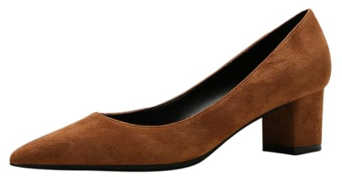 REKALFO Tacones de Bloque para Mujer Elegante Piel de Ante Puntera Puntiaguda Tacón Grueso Zapatos de graduación sin Cordones para la Oficina de Bodas de la Fiesta Marrón 38 EU