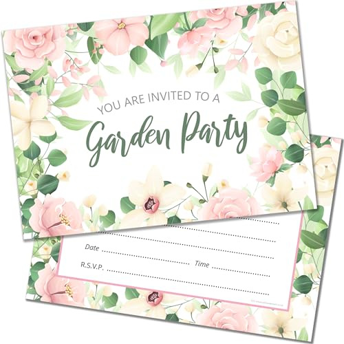 20 x Garden Party Invitations – Ready to Write with Envelopes – Ideal for summer birthday, anniversary or any celebration – Designed and Printed in the UK