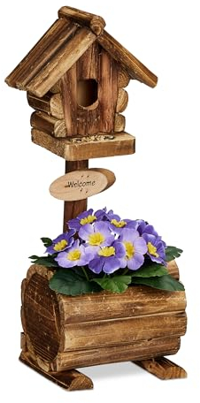 Relaxdays Deko Vogelhaus mit Blumentopf, Tannenholz, rustikales Design, HxBxT: 41 x 15 x 15 cm, Dekohäuschen, Natur