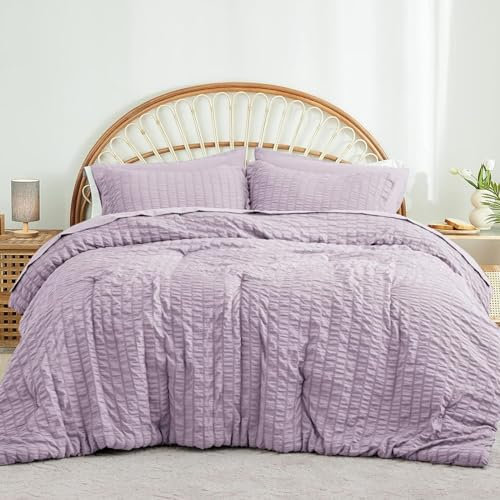 Freyamy Seersucker Bettwäsche 200x200cm 3teilig Lila Geprägt Streifen Strukturiert Bettwaren-Sets Uni Gebürstet Microfaser Weiche Bettbezug mit Reißverschluss und 2 Kissenbezug 80x80cm