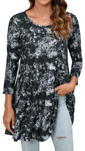 Enmain Tunique Femme Longue Grande Taille Chic et Élégante à Manches 3/4 Chemisier Haut Ample Hiver Paisley Col Rond T-Shirt Blouse Noir & Gris 2XL