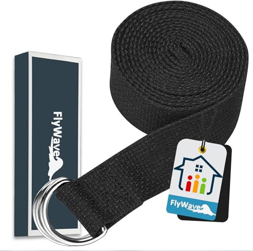 FlyWave Premium Yogagurt - Haltbares Baumwoll-Gurt Mit Metall D-Ring, Multifunktionales Strap für Flexibilität und Fitness, für Anfänger und Fortgeschrittene Yoga-Enthusiasten, 3.8 x 183cm
