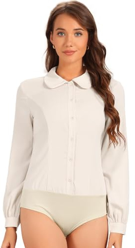 Allegra K Mujer Blusa Trabajo Negocios De Manga Larga con Botones Y Cuello Peter Pen Beige L