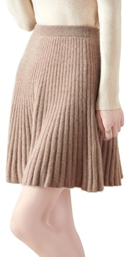 Ailaile Short Skirt Women's Fall Winter 100% Merino Wool Knitted Skirt Girl's Ribbed Elastic Waist Skirts Camel
