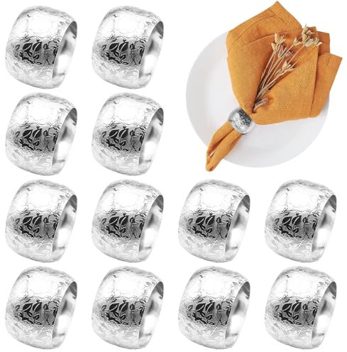 Fractoluxe Serviettenringe Silber, 12 Stück Elegante Metall Serviettenring Serviettenschnallen Blätter Serviettenring Gold Napkin Rings für Tischdekoration Weihnachten Thanksgiving Hochzeitsfeier