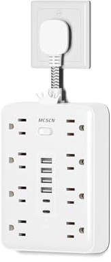 Short Extension Cord 0.082 ft - Flat Plug Small Power Strip Surge Protector with 8 Outlets, 6 USB Charging Ports (2 USB-C), Multi Plug Wall Outlet Splitter for Room, Home, Office, Dorm, White