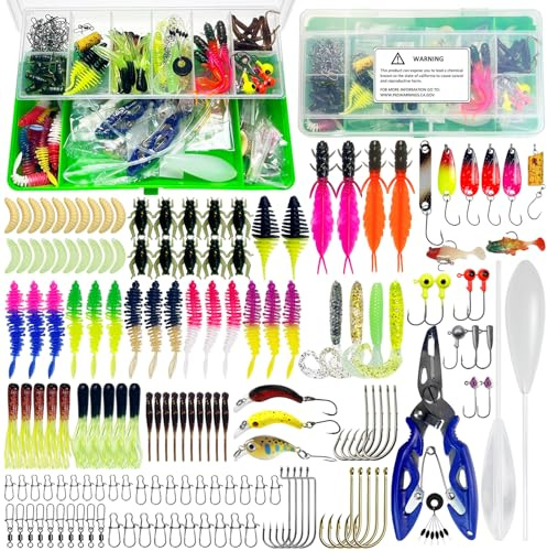 L PATTERN Angelköder Gummifische Köder Set, 155 PCS Forellenköder Angelzubehör Kit mit Angelhaken, Gummifisch, Wirbel, Posen, Angelzange und usw Forellen Köder Set