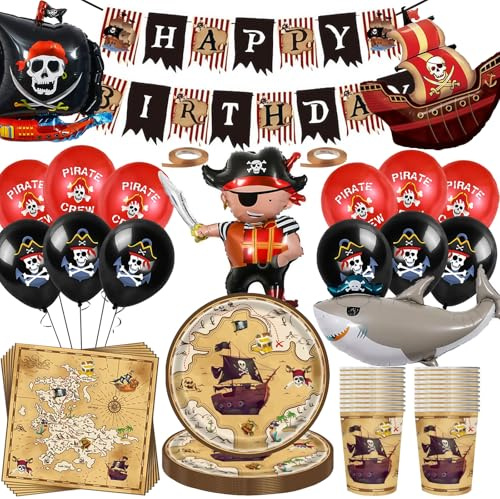 Juego de decoración de cumpleaños pirata, 80 unidades, vajilla de fiesta con gran barco pirata, globo de aluminio, juego de accesorios para fiestas, platos de papel pirata, servilletas, globo, barco