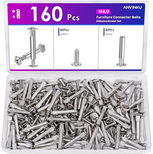 ANVINKU 160PCS M4 Cupboard Joining Bolts, 31-40mm Cabinet Connectors | 80PCS Binding Screws & 80PCS Connecting Sleeves, Nickel-Plated Steel Furniture Connector Bolts, Cabinet Screws for Furniture