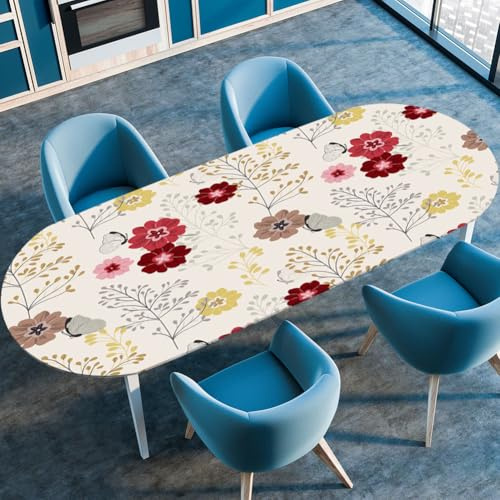 Surwin Mantel Oval con Bordes Elástica, Ajustable Mantel Mesa Oval Protector de Mesa Manteles Lavable Antimanchas para Comedor Cocina Fiestas Exterior -3D Jardín (Rojo,107x165cm)