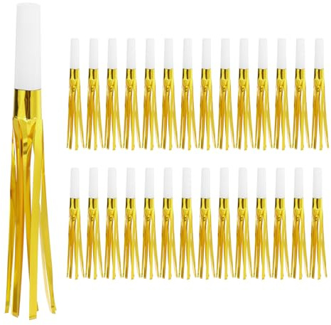 PATIKIL 30 Pcs Noise Makers, Metallic Fringed Noise Makers Party Whistles for Party Favor Supplies Birthday New Year, White/Gold Tone