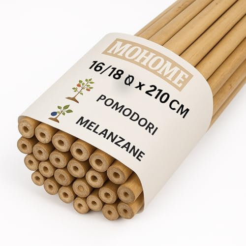 MOHOME Canne Bambù Giardinaggio Naturali Set 25 Cannette 16/18 Ø x 210 cm Bastoncini Supporto Piante Orto Sostegni Tutore Pali Resistenti Rampicanti Giardino Pomodori Melanzane