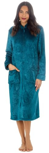INSIGNIA Ladies Zip Tradional Fleece Embossed Dressing Gown (UK, Numeric, 18, 20, Regular, Regular, Teal)