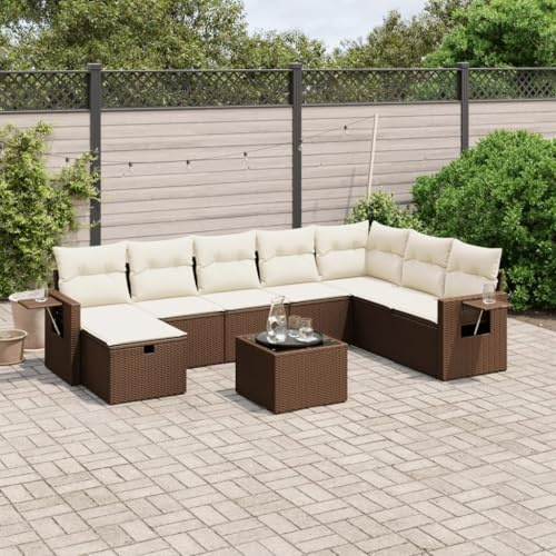 Ensemble de 9 meubles de jardin en polyrotin marron avec coussins, groupe de sièges d'extérieur modulaire pour terrasse, balcon, résistant aux UV, charge maximale : 110 kg